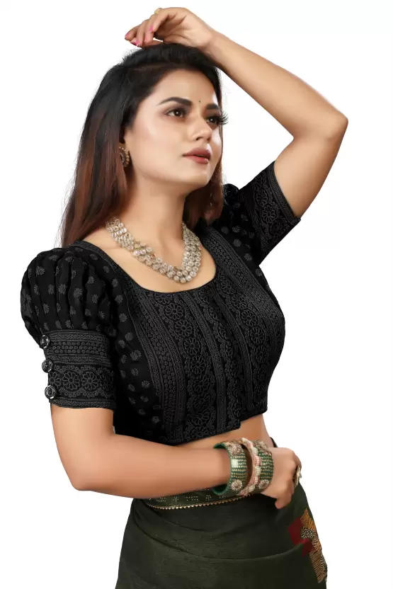 U Neck Puff Sleeve Blouse Design Black Colour