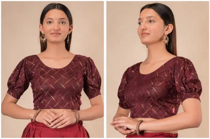 Embellished Stretchable Jacquard Puff Sleeve Blouse